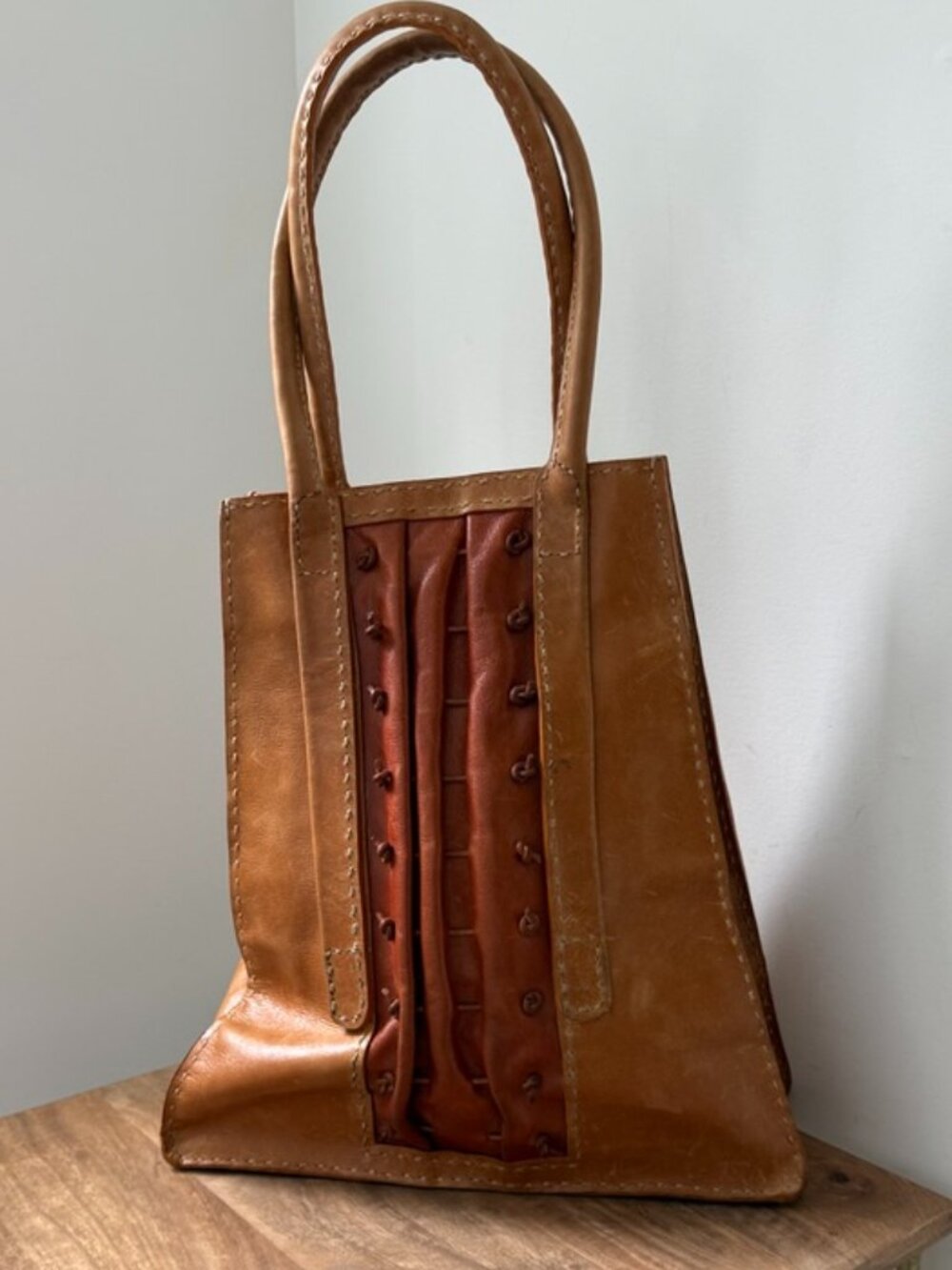 VINTAGE Artisan Brown Leather Structured Tote Bag Western Boho Handstitched